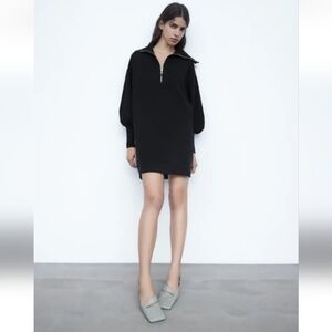 ZARA Black Mini Knit Jumper Dress with Gold Accent Zip Size Medium